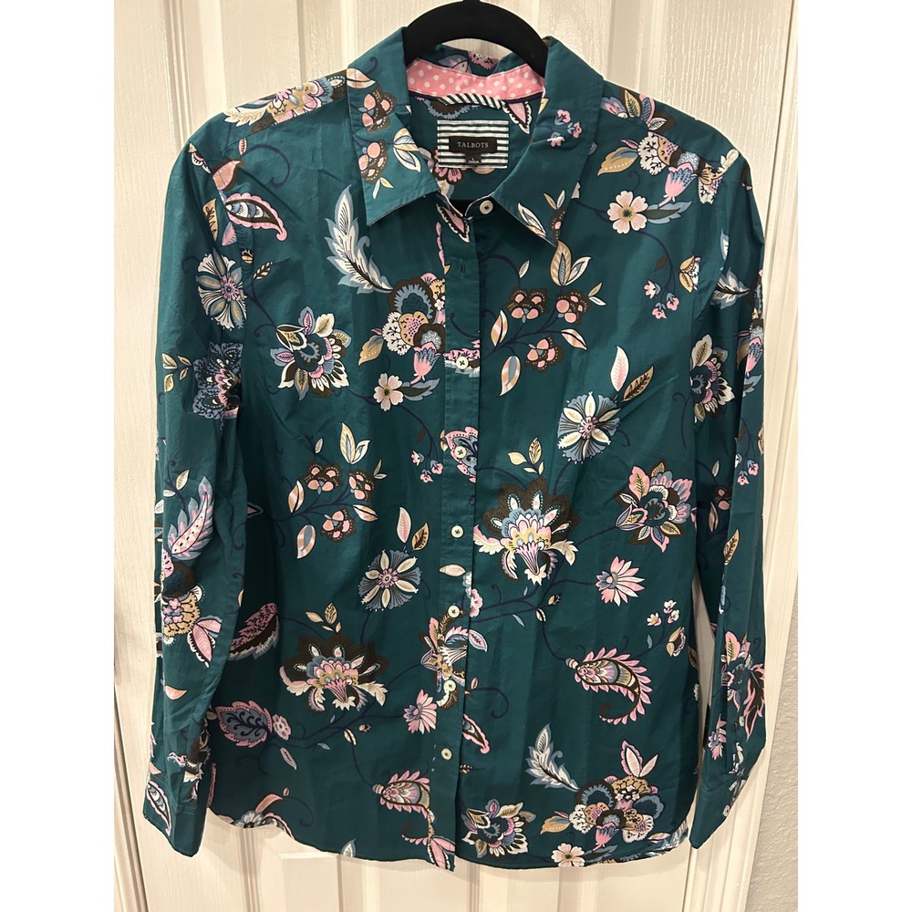 Talbots Button Down Shirt Teal Green Floral Paisley Cotton Long Sleeve Blouse
